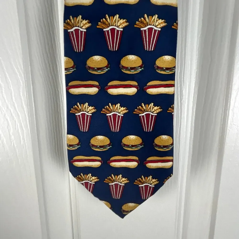Christian Pelini Novelty Silk Tie Hamburgers Hot Dogs Fries Print Mens